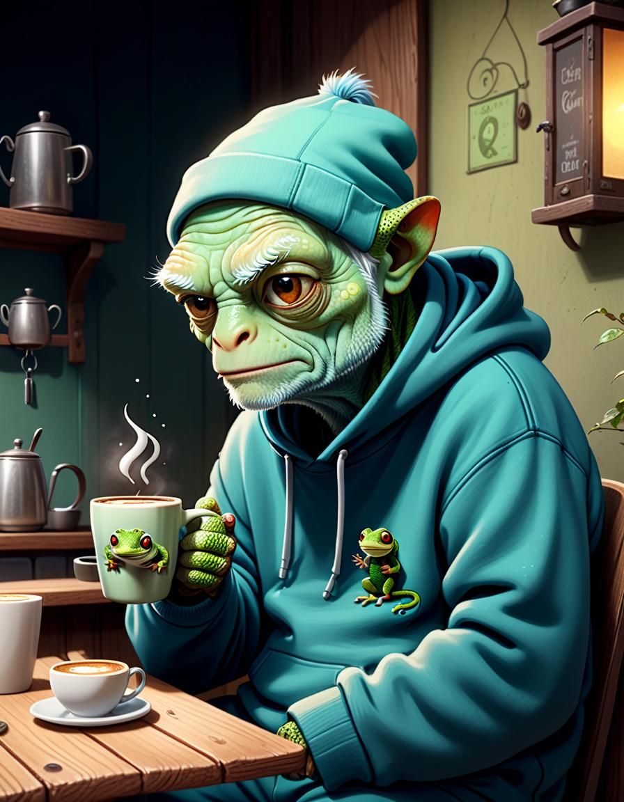 Grumpy Man and Gecko Coffee Cartoon in 3D