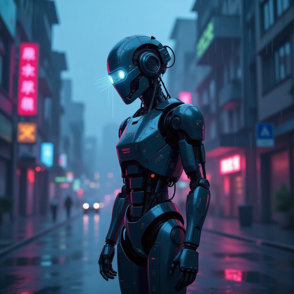Lone Robot in Neon Cityscape Digital Painting