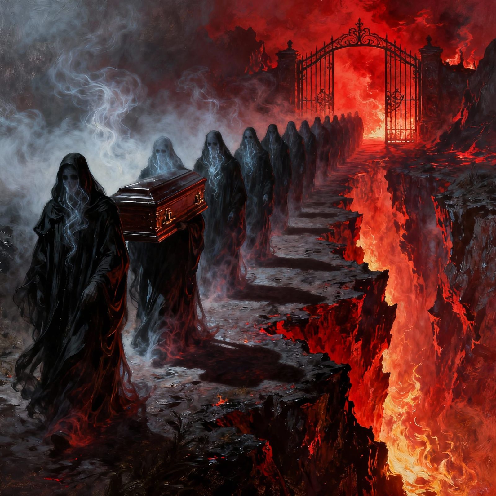 Macabre Funeral Procession to Hell in Ethereal Fantasy Style
