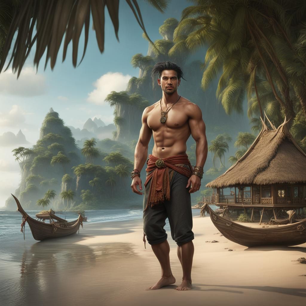 Indonesian Man on Beach: Detailed Digital Painting