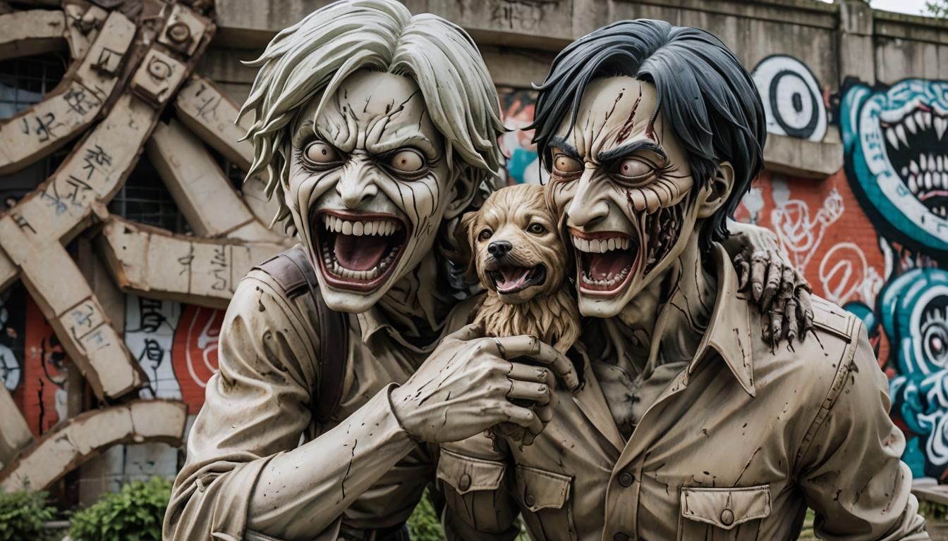 a close-up of a statue of a person with a dog, Gabriel Attal in Attack on Titan, Gabriel Attal between giant teeth, in a...