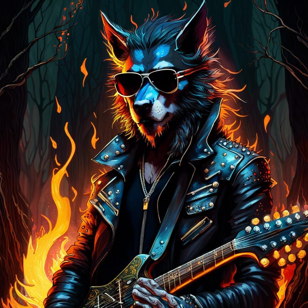Fiery Lycan Guitarist in Spooky Forest
