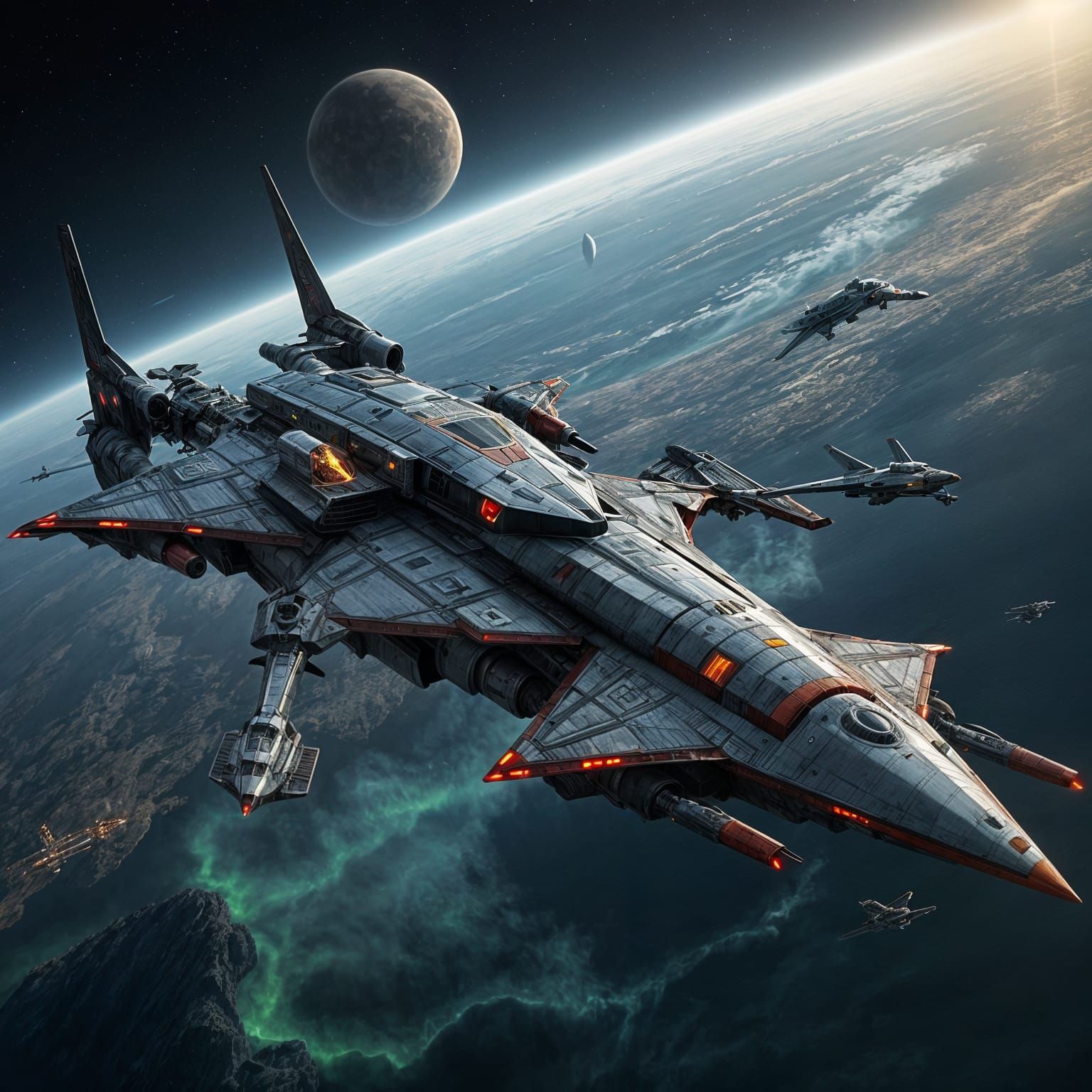 Gigantic Spaceship Orbiting Ringed Alien Planet