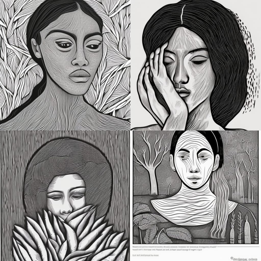 Emotional Portrait of Blooming Orange Trees in Linocut