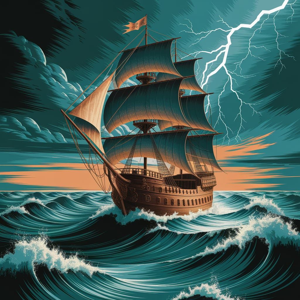 Pirate Ship in Stormy Sea: Dynamic Dot-Art