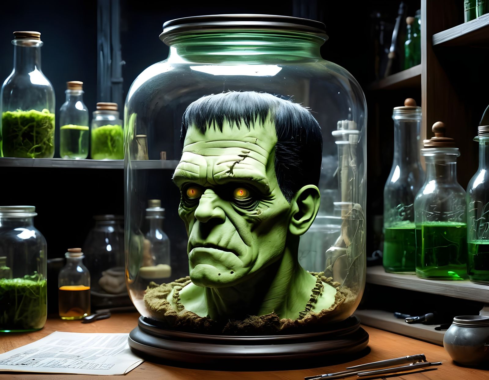 Frankenstein's Monster Head in Jar, Detailed Lab Scene