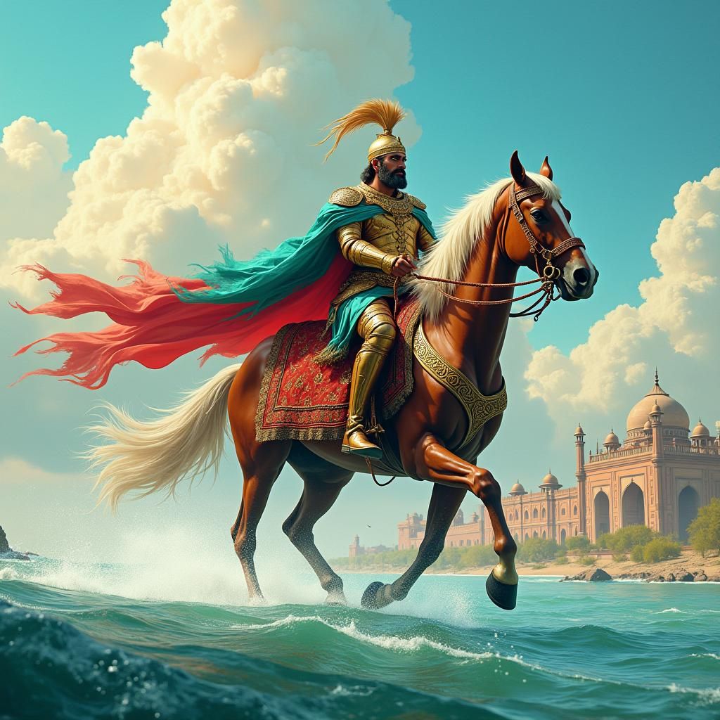 Mongol Warrior Crossing River in Regal Armor