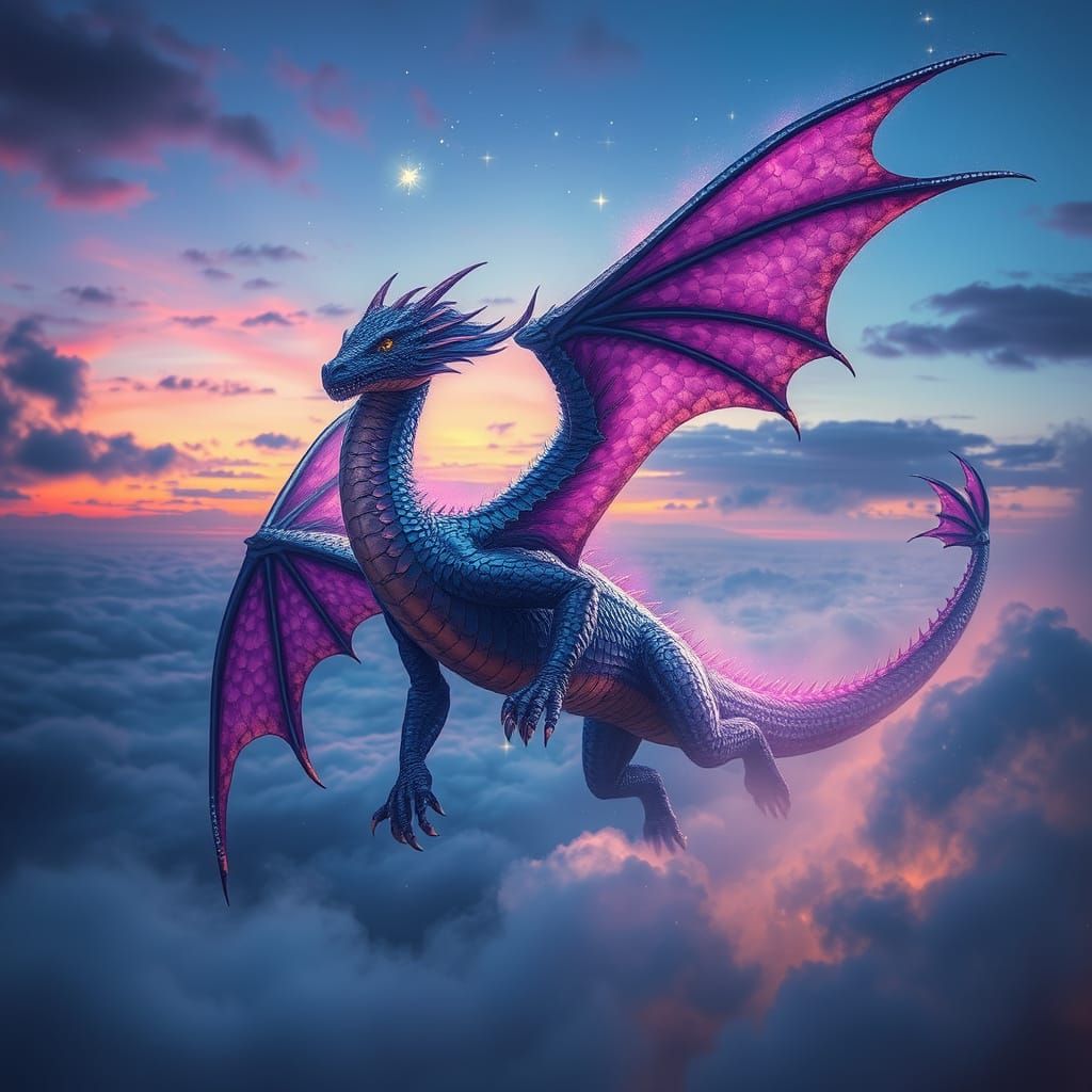 Celestial Dragon Soaring Through Twilight Sky