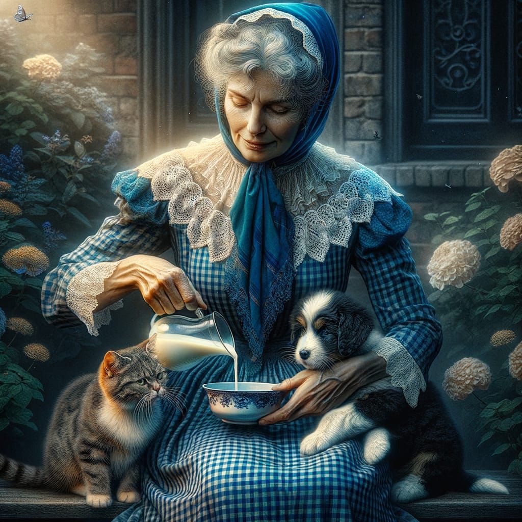 Vintage Woman Feeds Kittens and Puppies in Her Garden