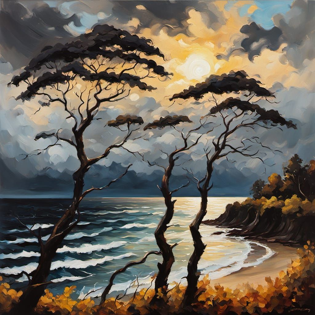 Dramatic Oil Painting of Trees Bending in the Wind