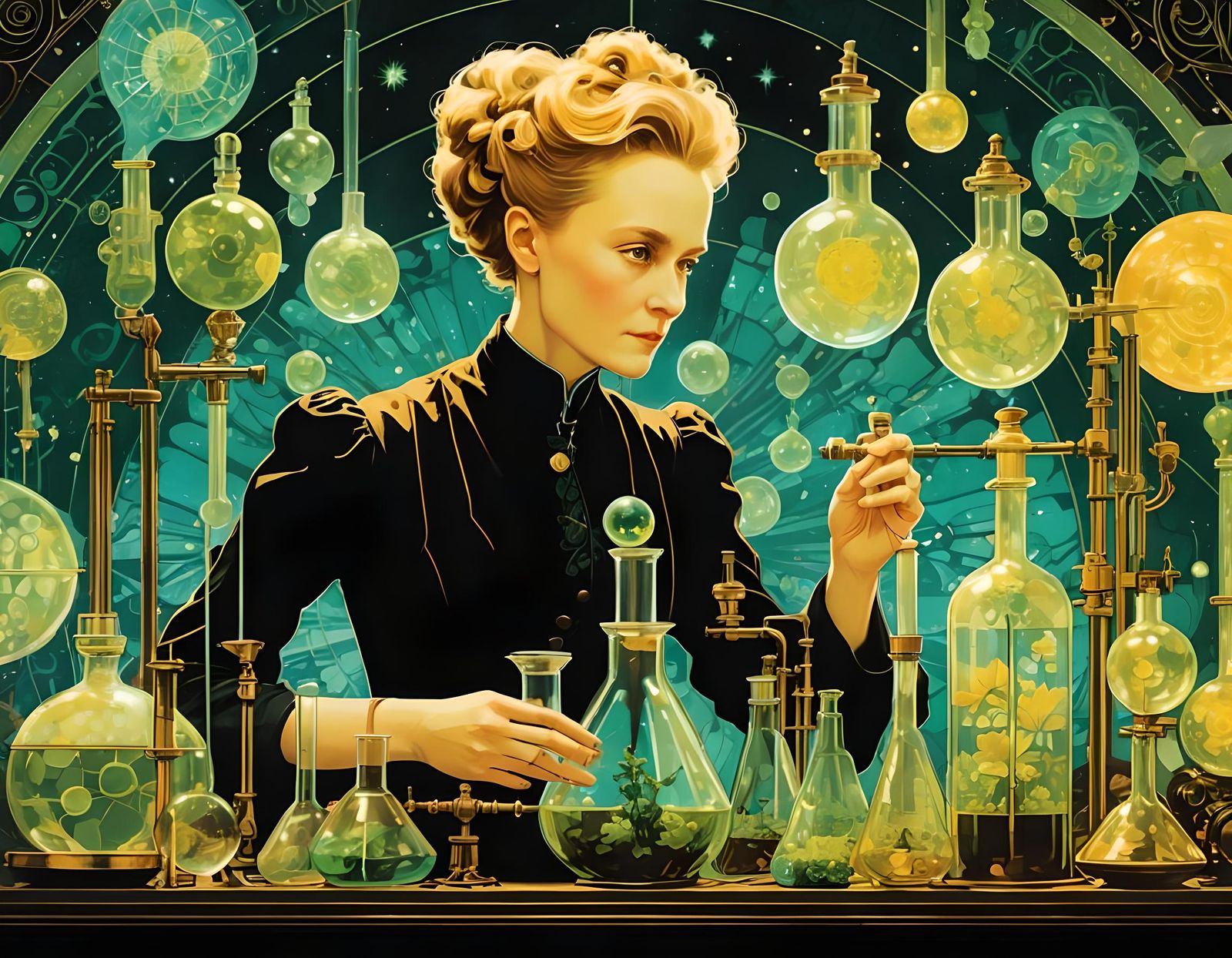 Marie Curie: Double Exposure Art Nouveau Collage