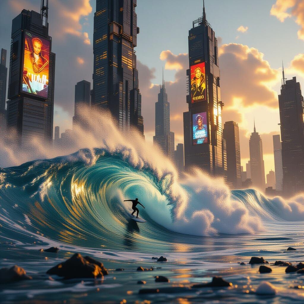 Surfer Rides Molten Gold Wave In Futuristic Ruined City