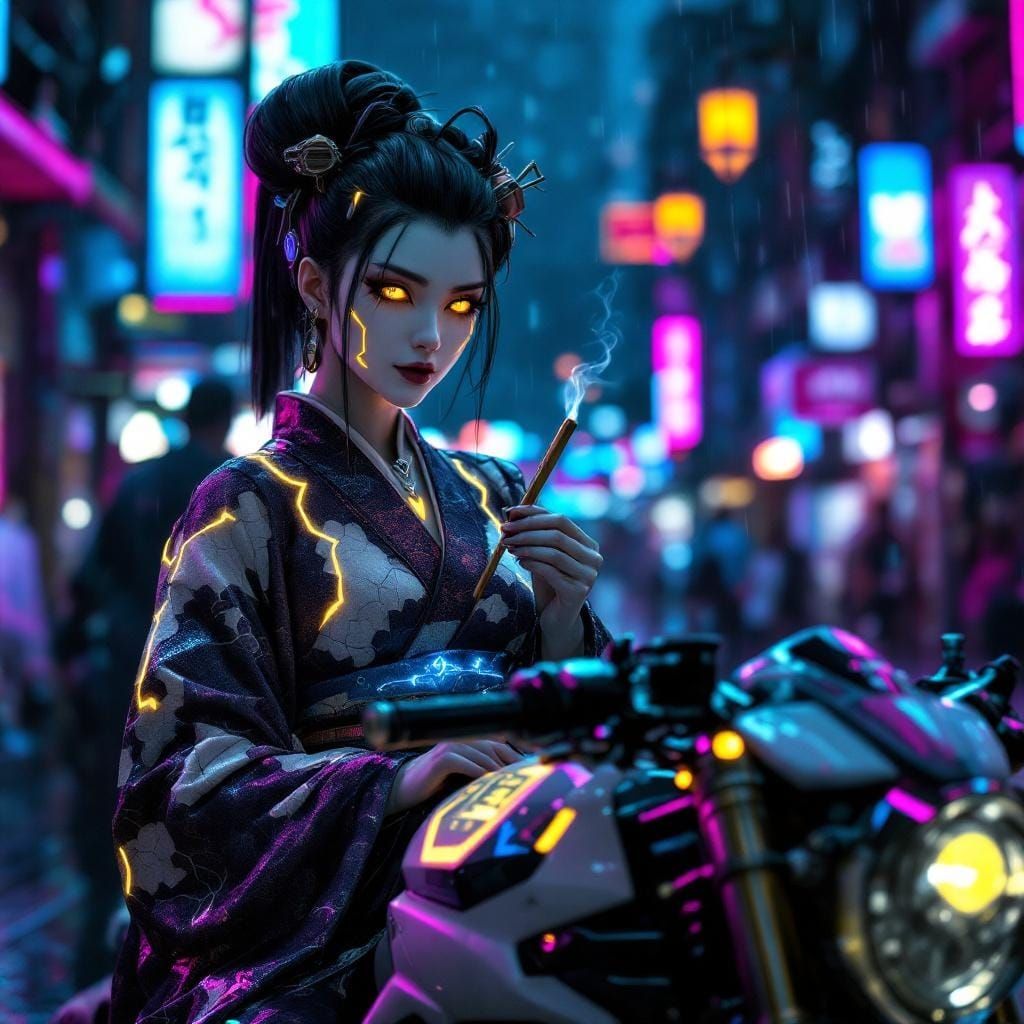 Cyber Geisha on Motorcycle in Cyberpunk City