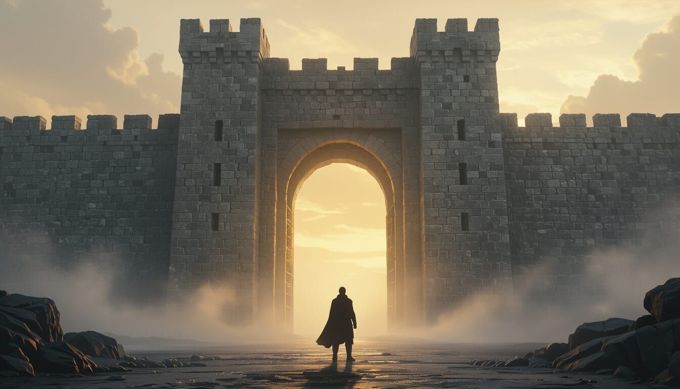 Lone Figure Before Colossal Fortress Gate, Epic Fantasy Art