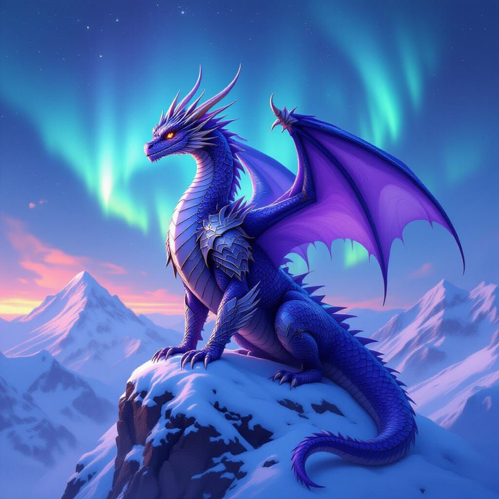 Purple Dragon Surveys Snowy Domain in Digital Art Style