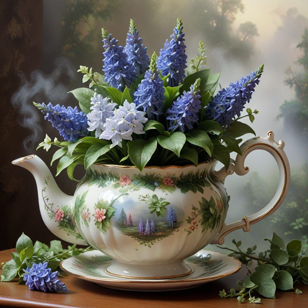 Whimsical Teapot Floral Arrangement with Hyacinths and Ivy