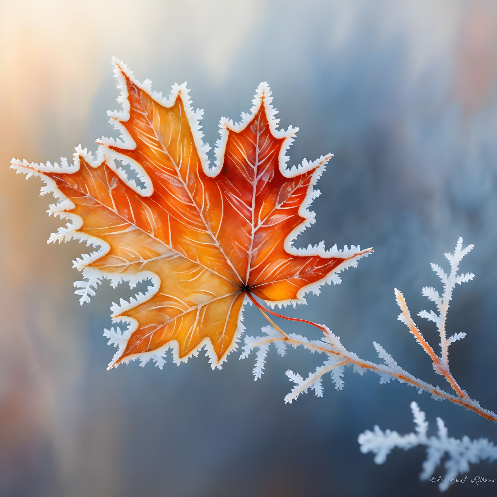 Autumn Leaf in Watercolor with Frost Patterns
