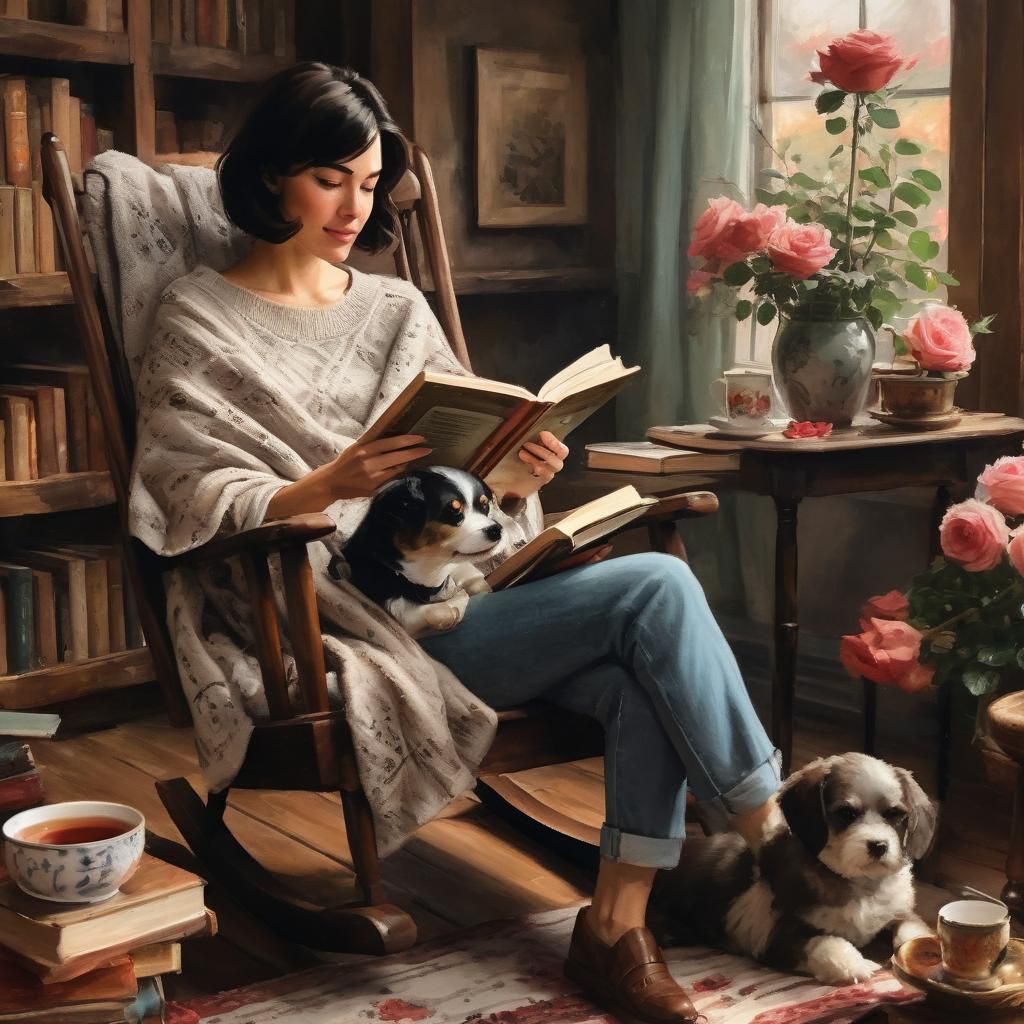 Cozy Realism: Girl Reading with Dog by Fire