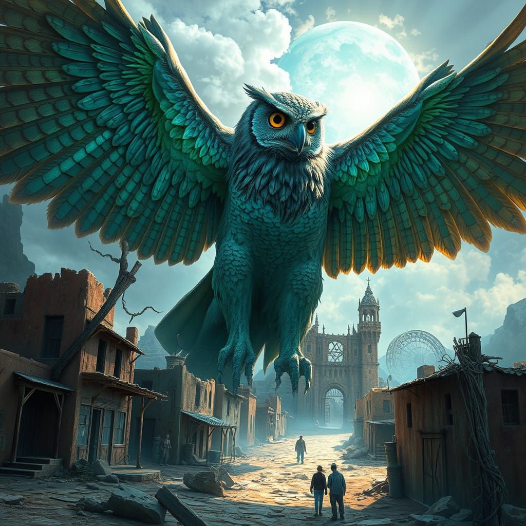 Ghost Town on a Flying Owl in Ethereal Blues and Greens
