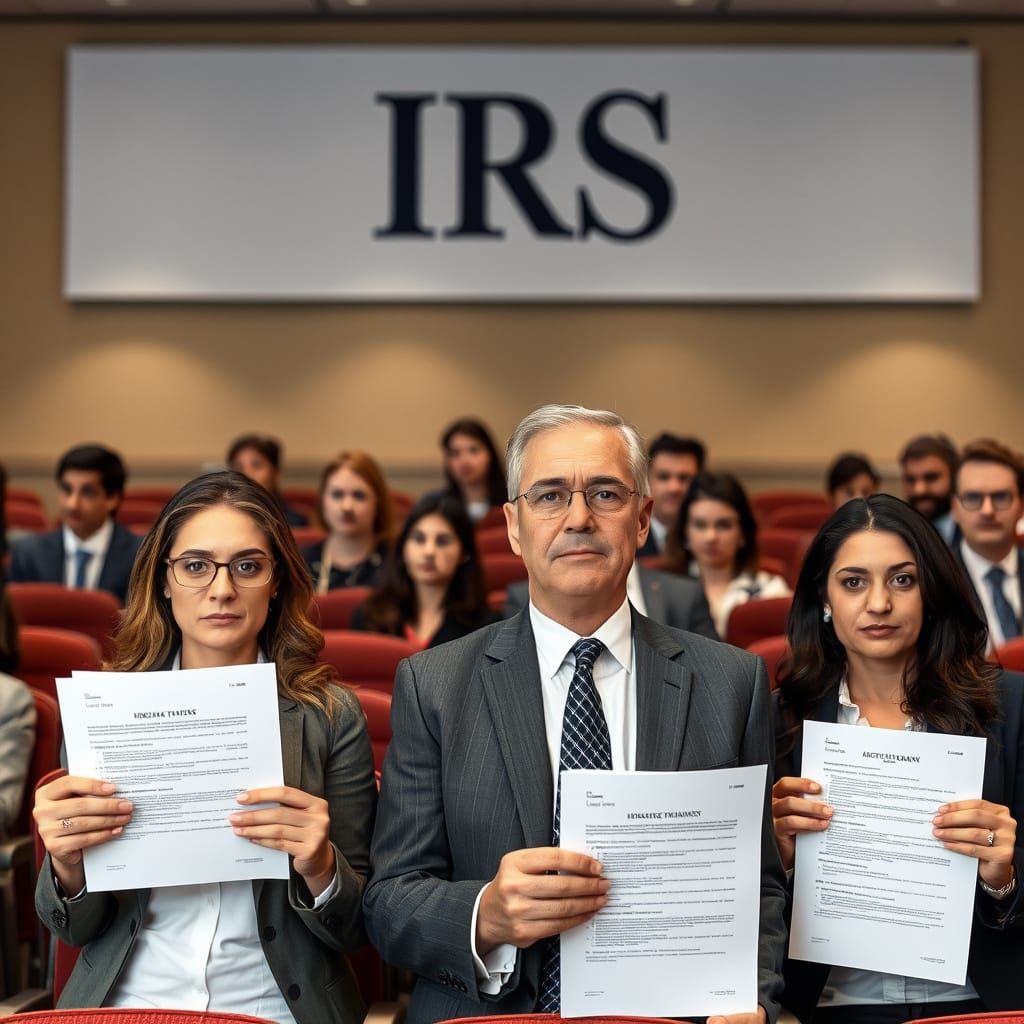 Accountants Frowning with IRS Banner in Auditorium