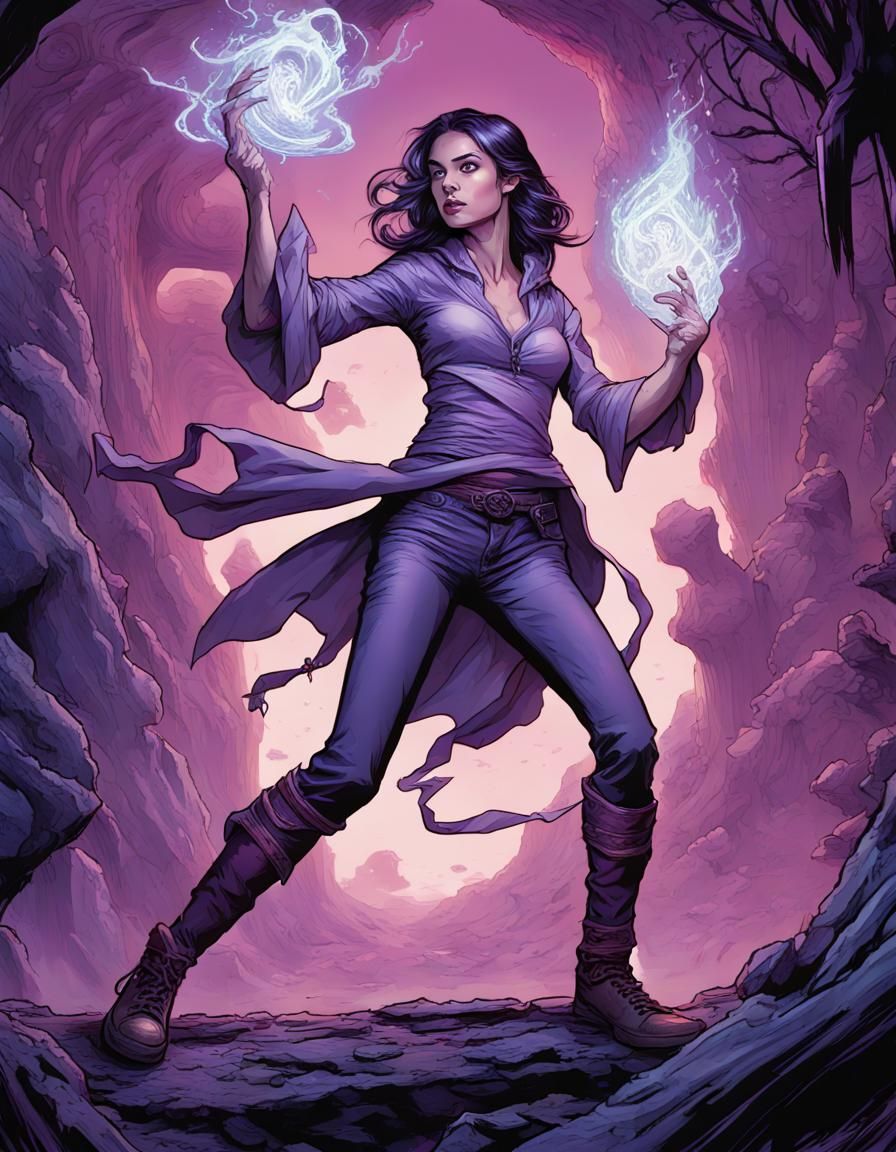 Female Sorcerer Casting Spell in Comic Book Art Style