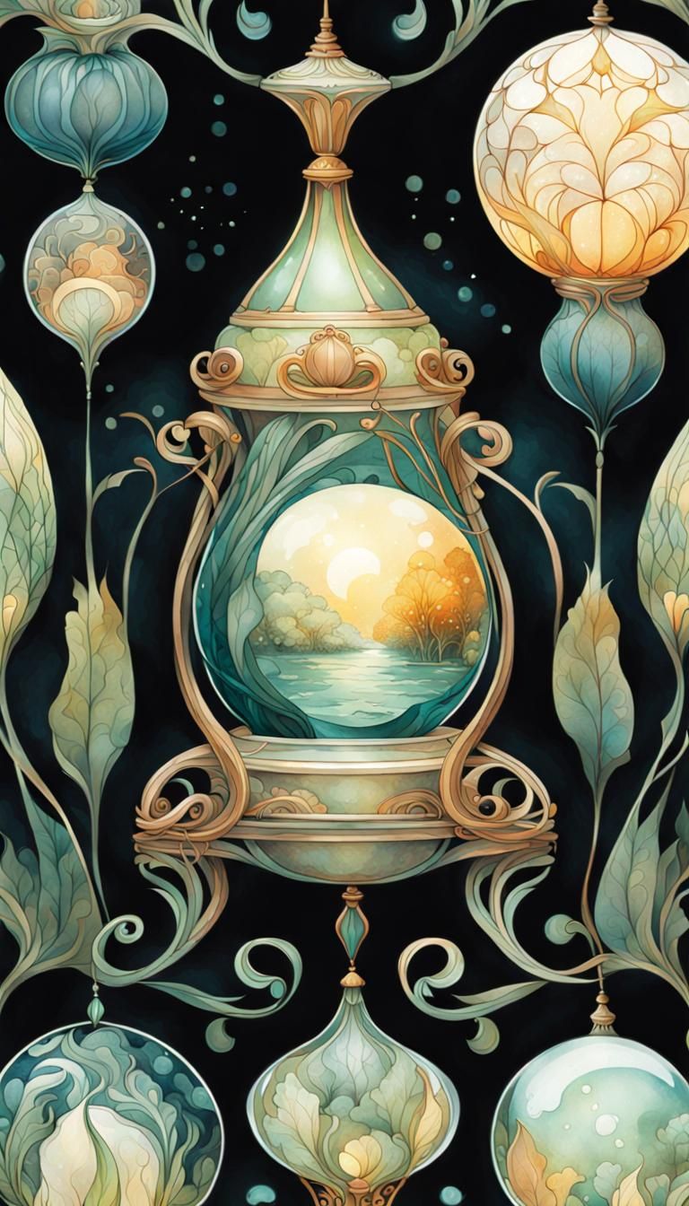 Reflective Glass Sphere in Art Nouveau Watercolor