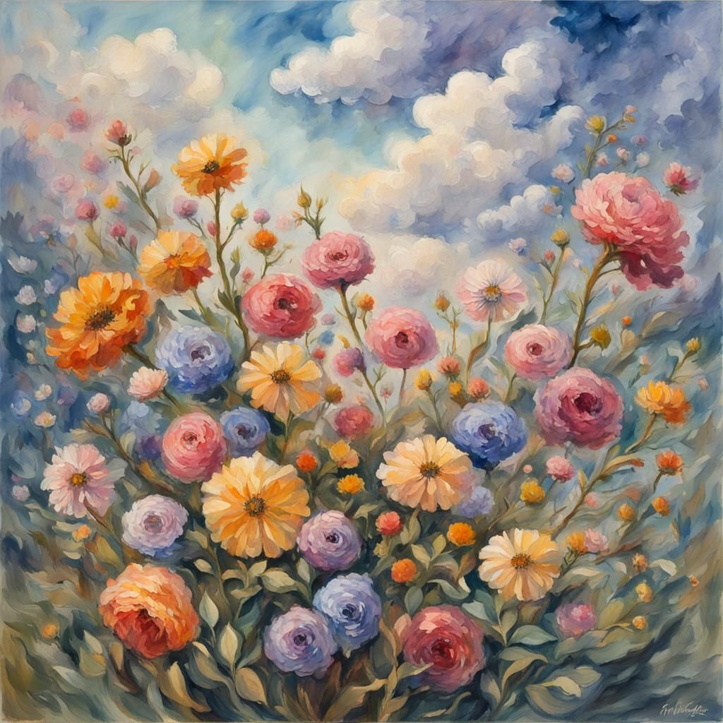 Floral Skeleton Ascending to Heaven in Gouache Style