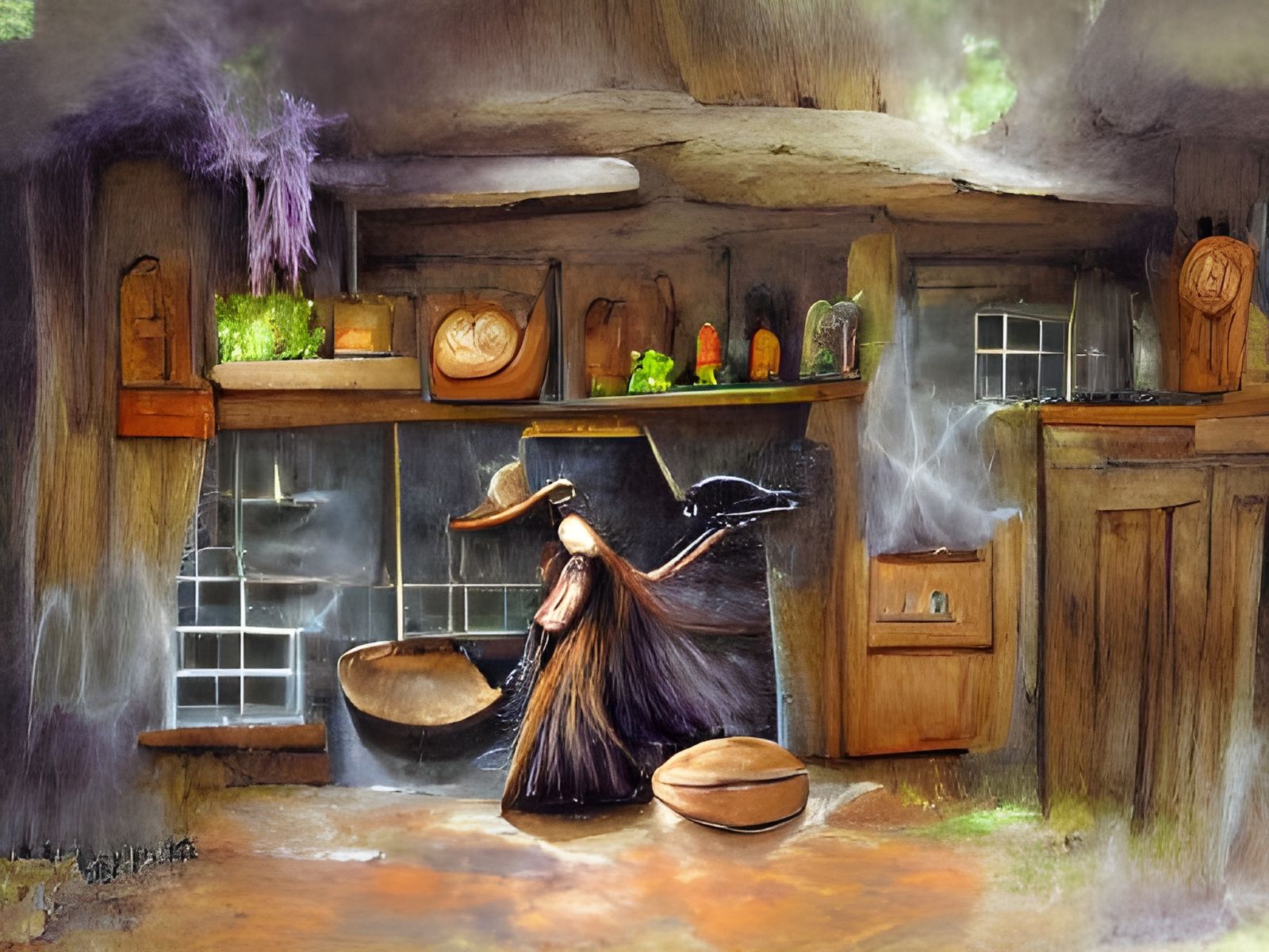 Witch in a Rustic Kitchen Scene
