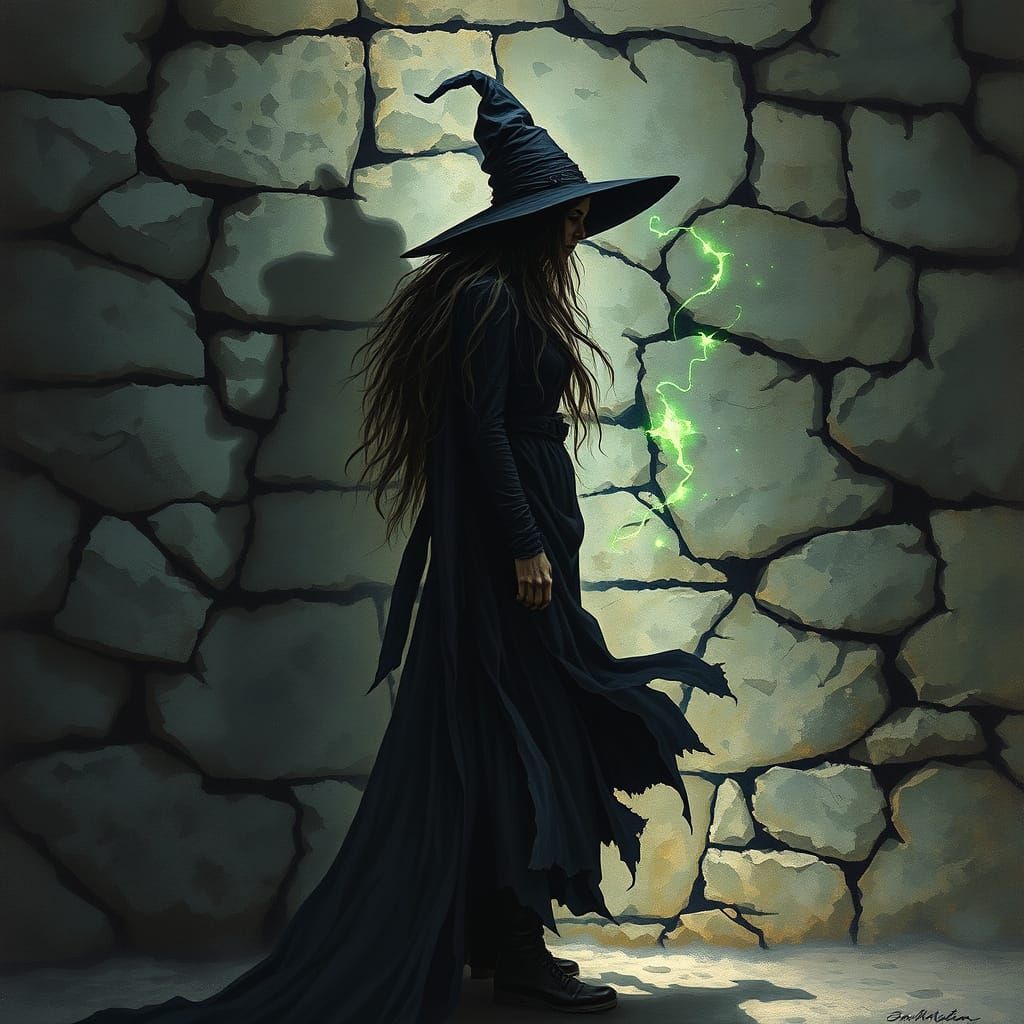 Mysterious Witch Casts Ethereal Glow on Ancient Stony Wall