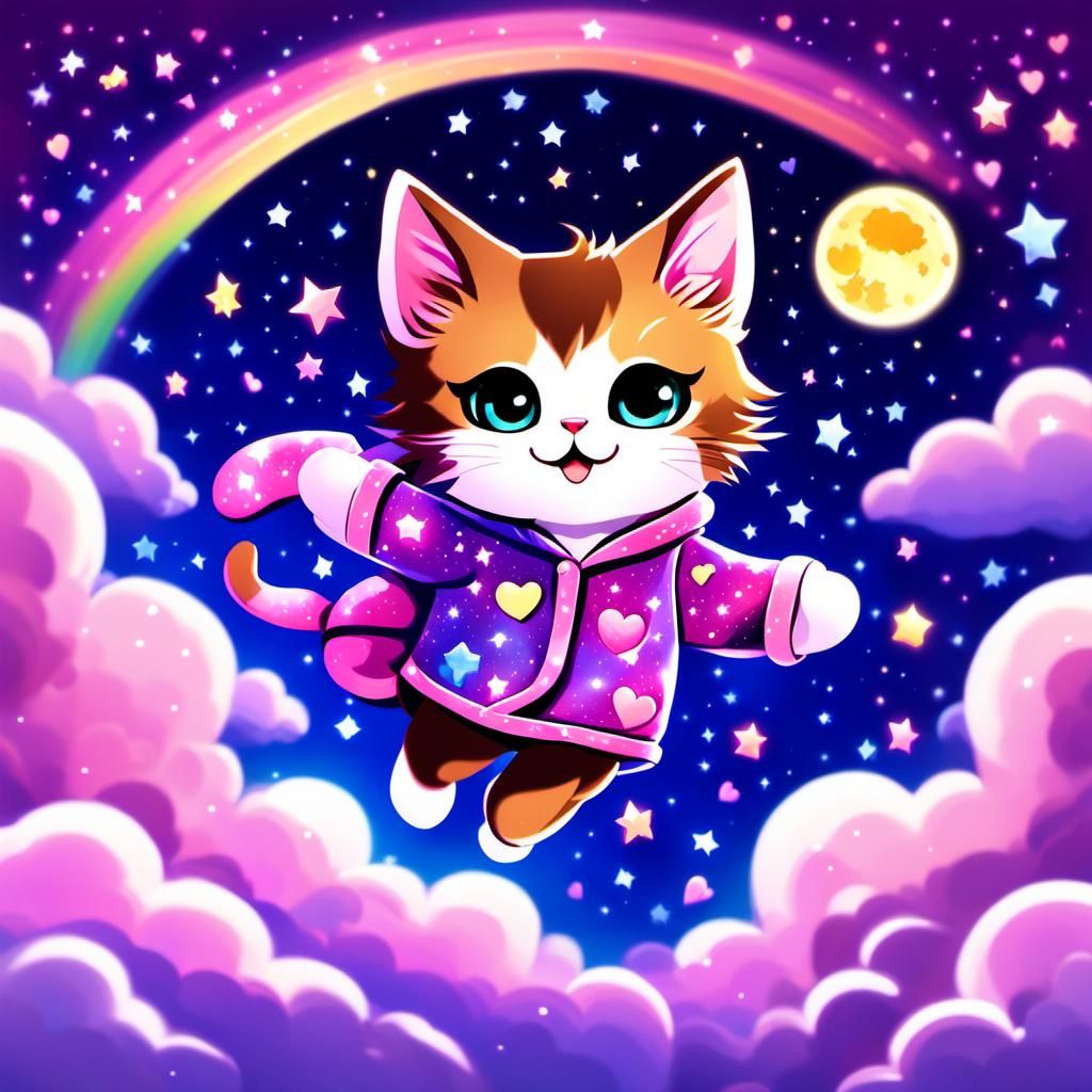 Chibi Kitten Leaping in Nebula, Anime Art