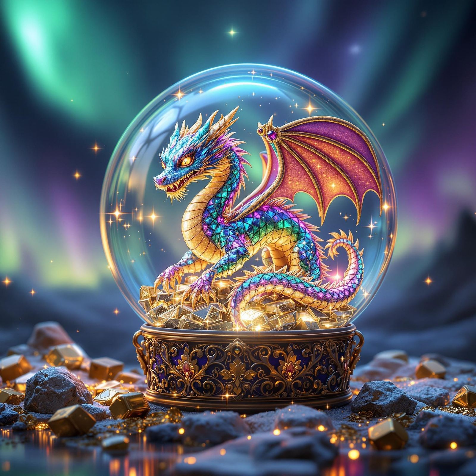 Jeweled Dragon in Globe with Aurora Borealis