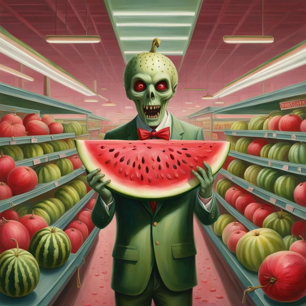 Zombie Watermelon in Grocery Store, Dark Fantasy Art