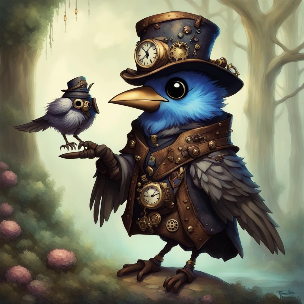 Steampunk Chibi Kenku Bird in Ethereal Fantasy Scene