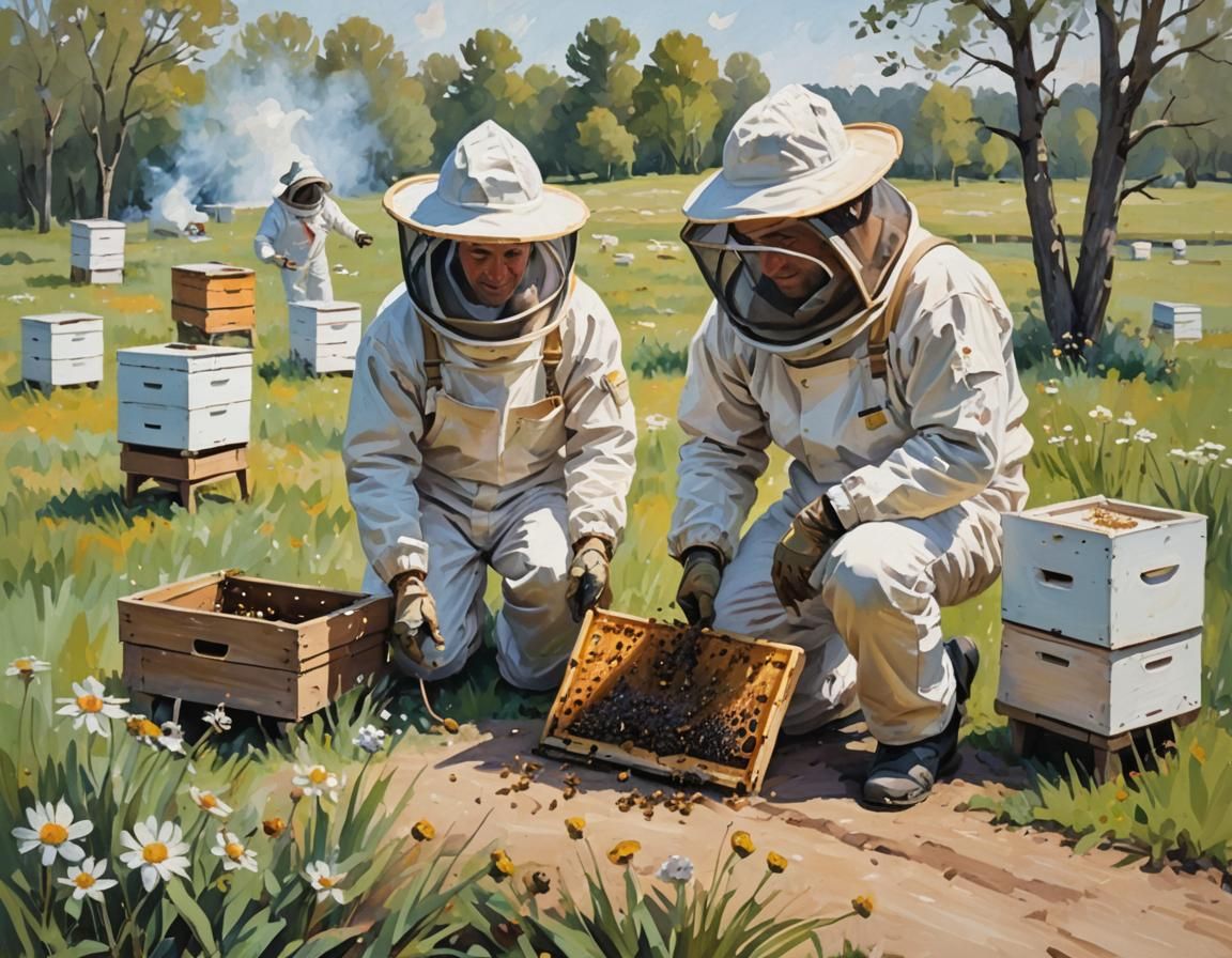 Beekeeper Tending Hive in Impressionistic Impasto Style