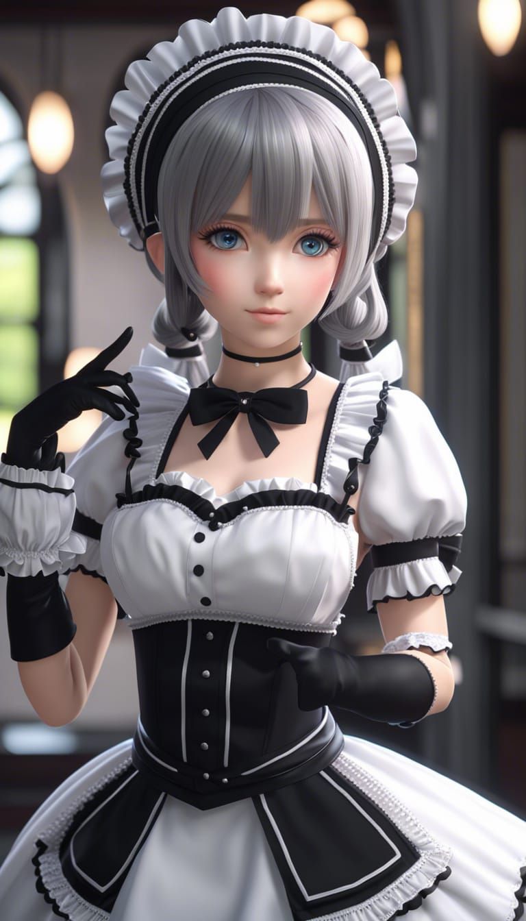 Anime Maid in Black and White Outfit: 8K Resolution