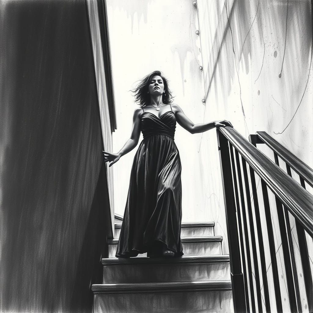 Woman's Vertigo, Charcoal Drawing with Dramatic Lighting