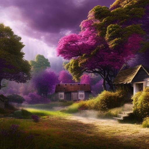 Picturesque Village Houses Surrounded by Purple Trees