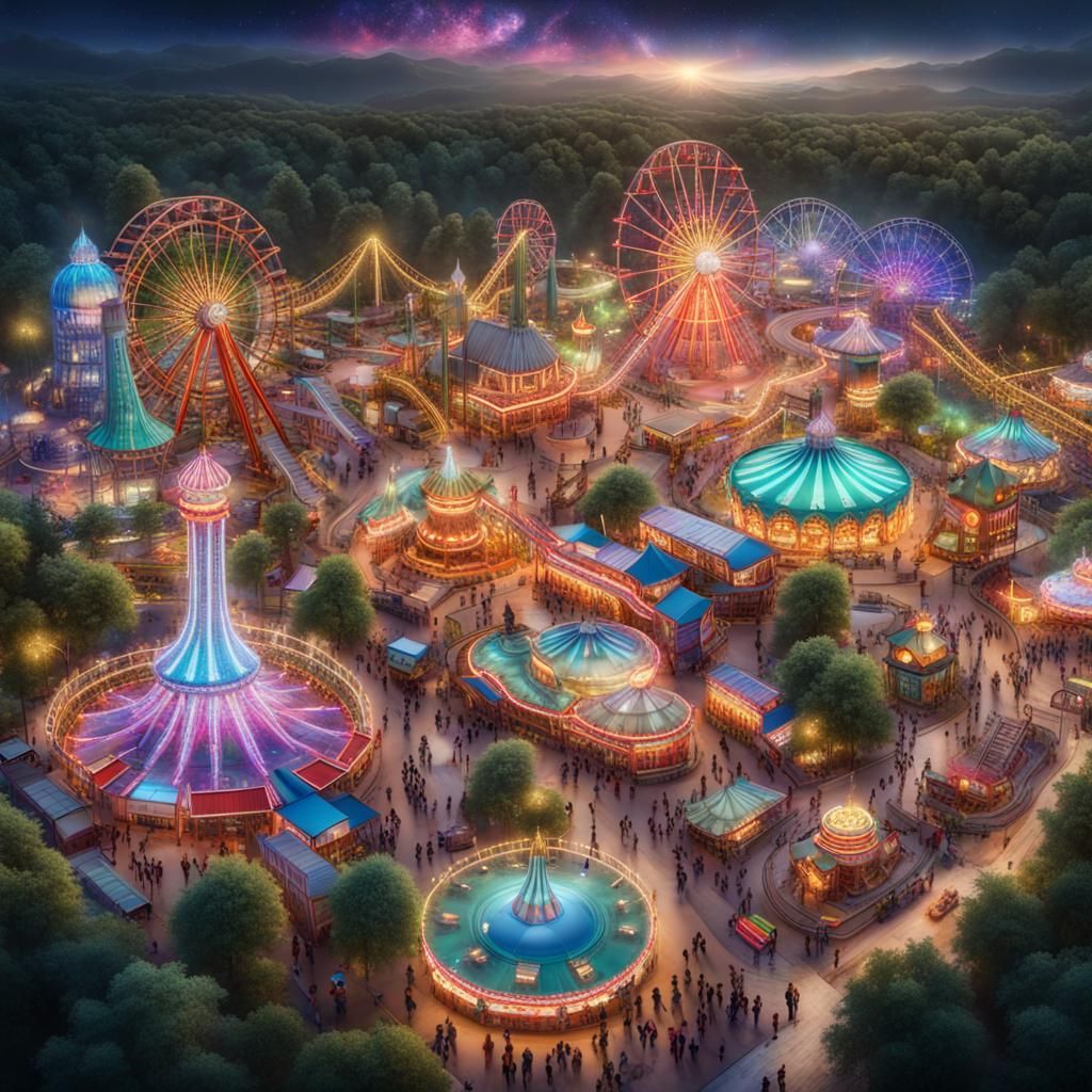 Detailed Theme Park Aerial View, Colorful Illustration