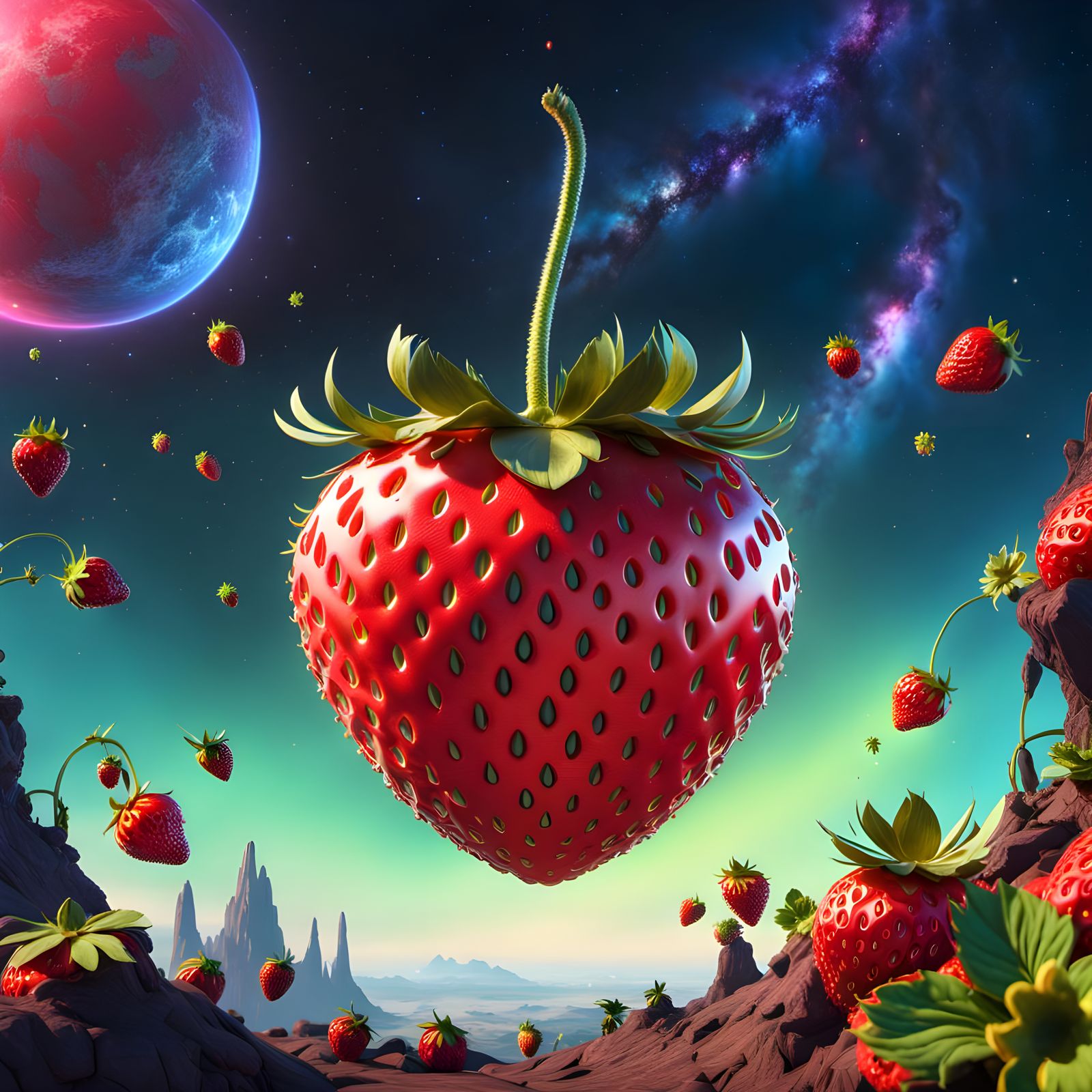 Surreal Strawberry with Galactic Background in 3D