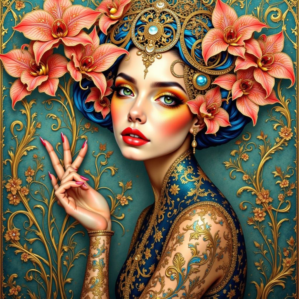 Steampunk Orchids in Klimt-Inspired Impressionism