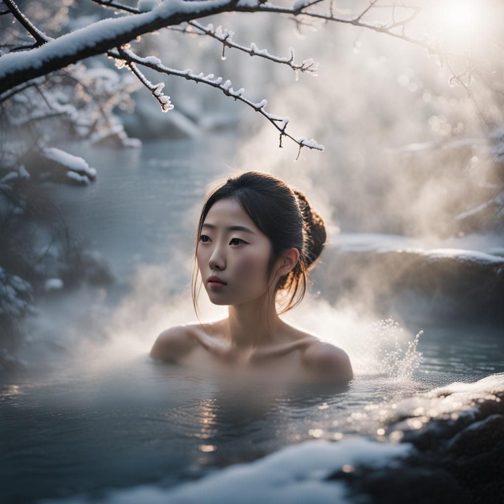 Japanese Lady Bathing in Snowy Hot Spring