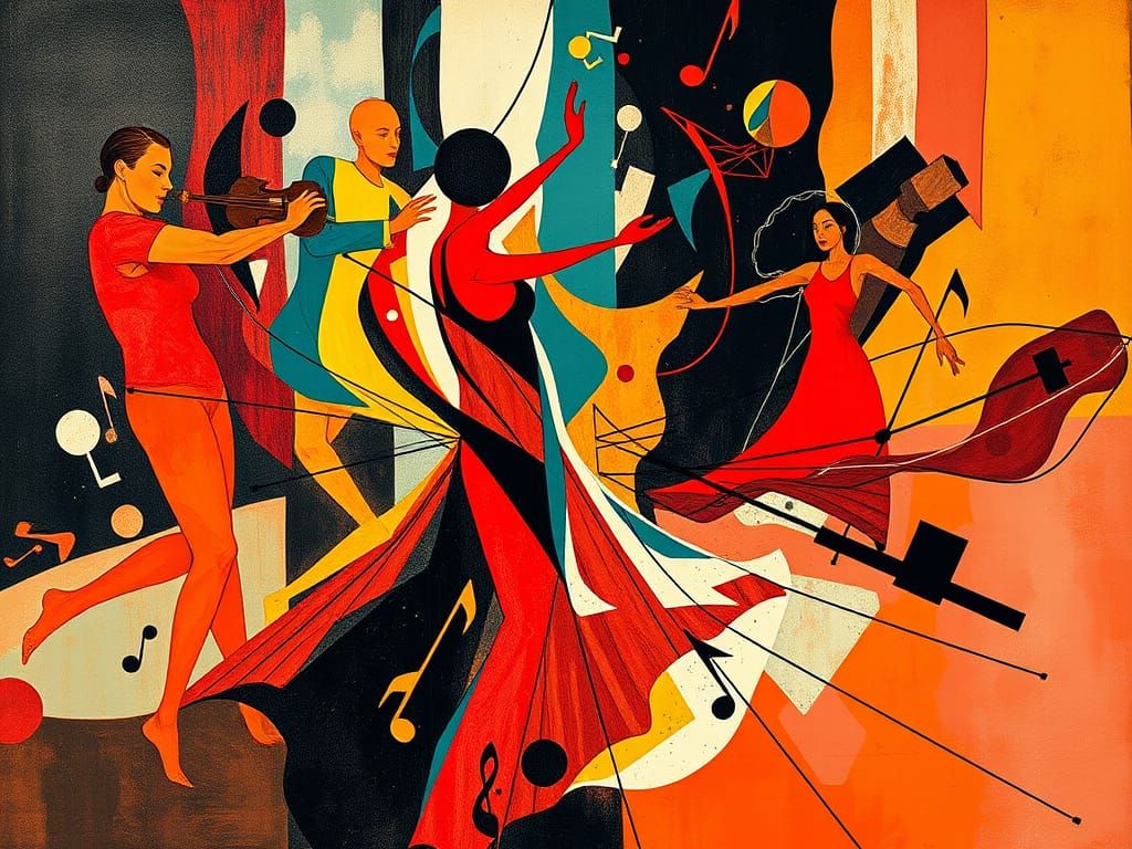 Vibrant Cubist Dance in Dynamic Motion