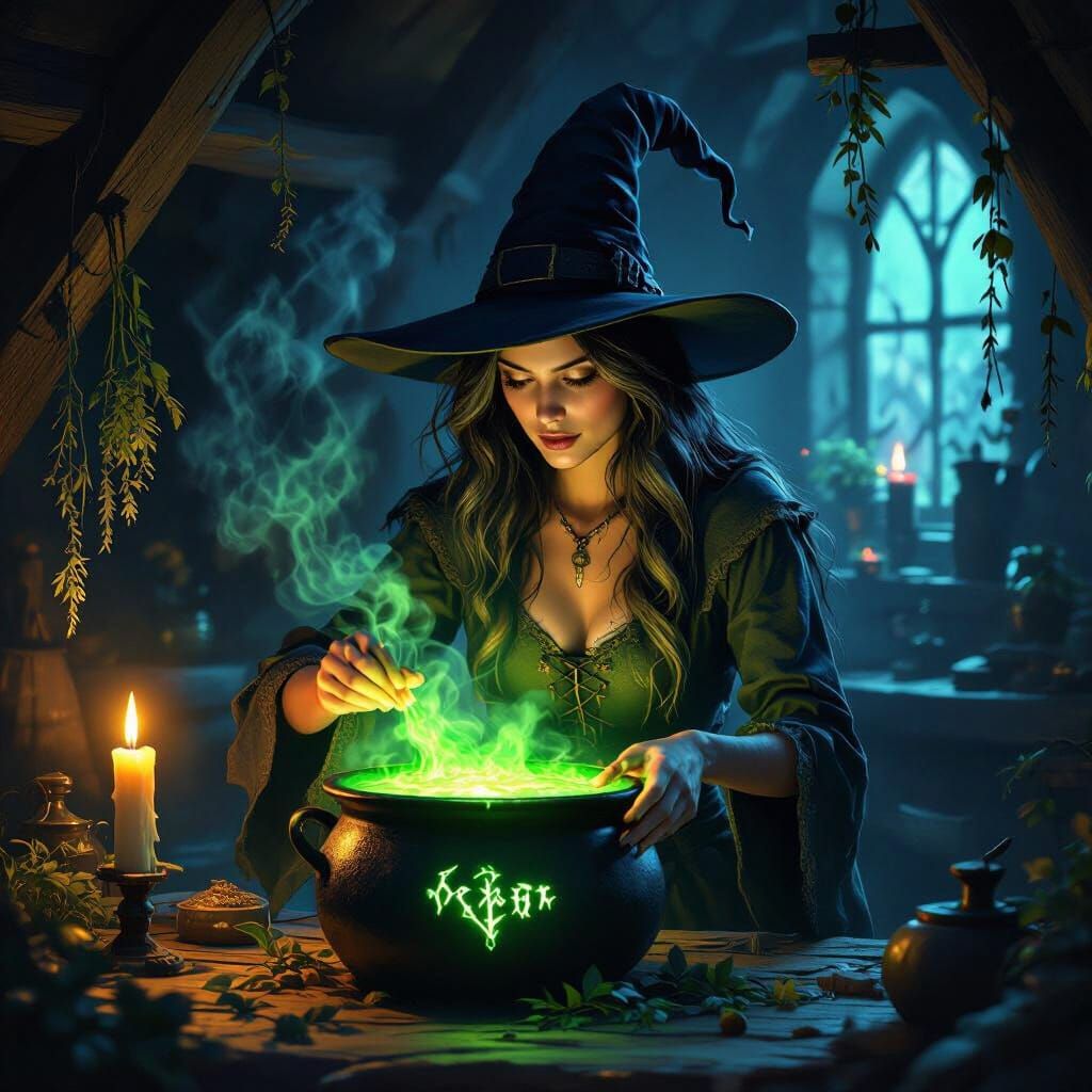 Witch Brewing Potion in Dark Fantasy Cottage
