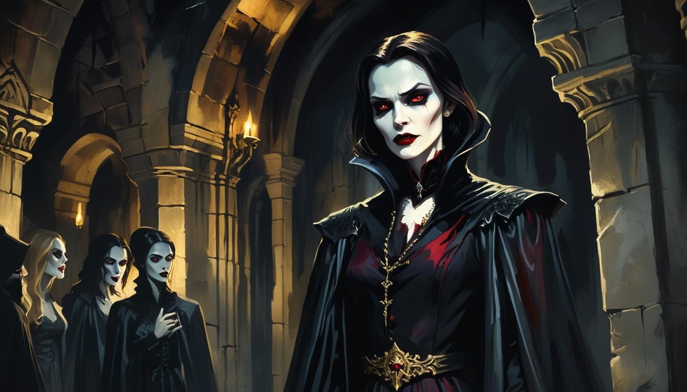 Regal Vampire in Crypt: Gothic Horror Illustration