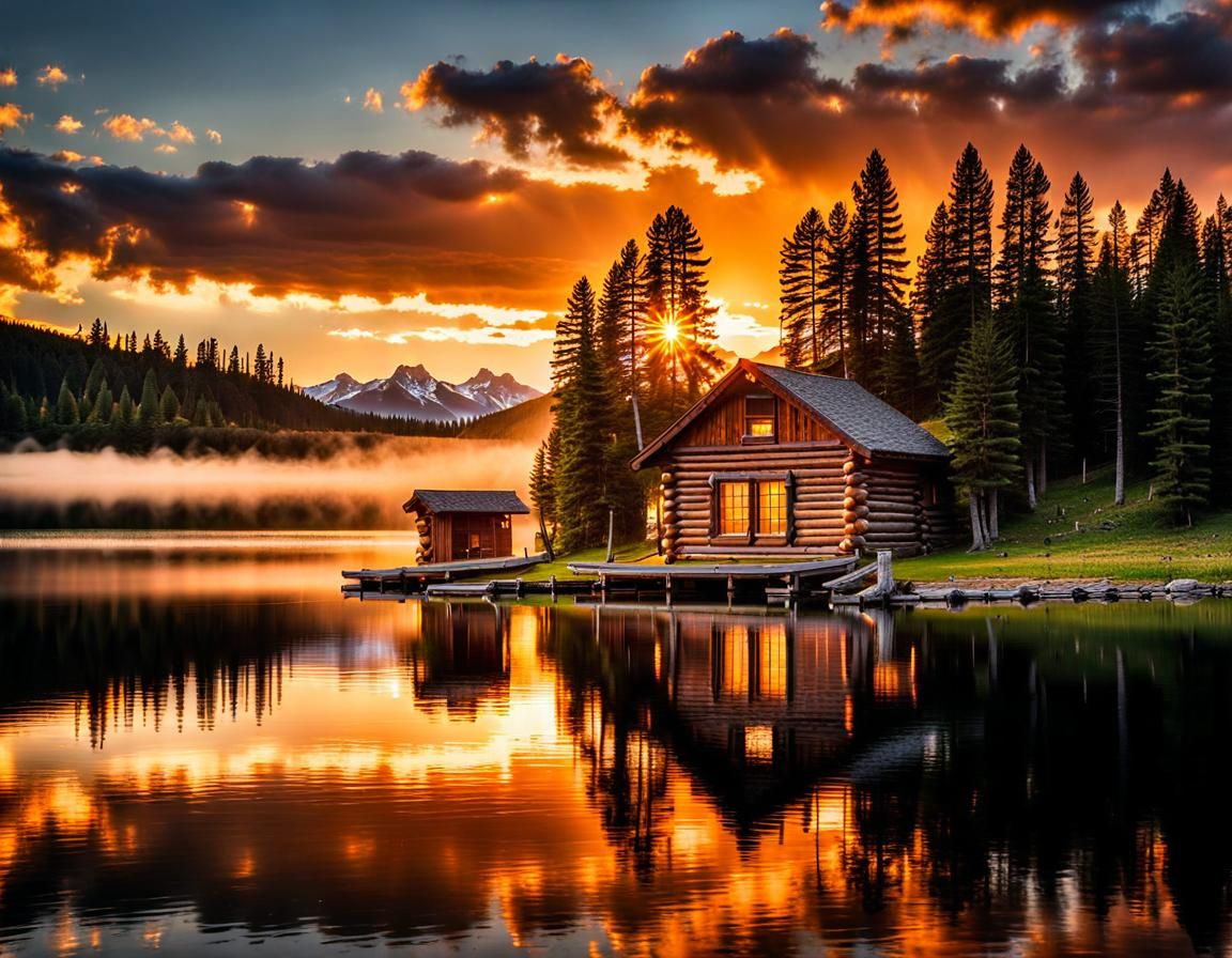 Rustic Log Cabin by Calm Lake at Sunrise