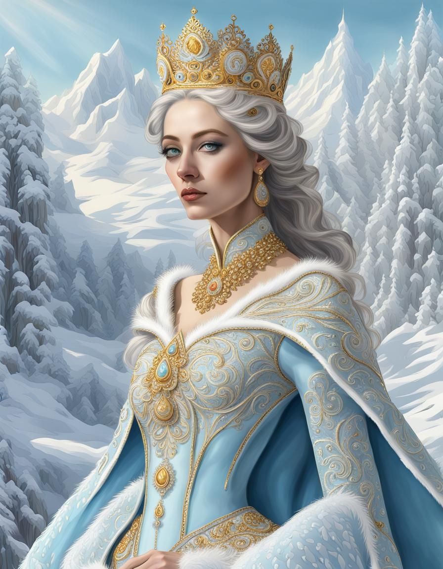 Snow Queen with Golden Crown in Art Nouveau Style