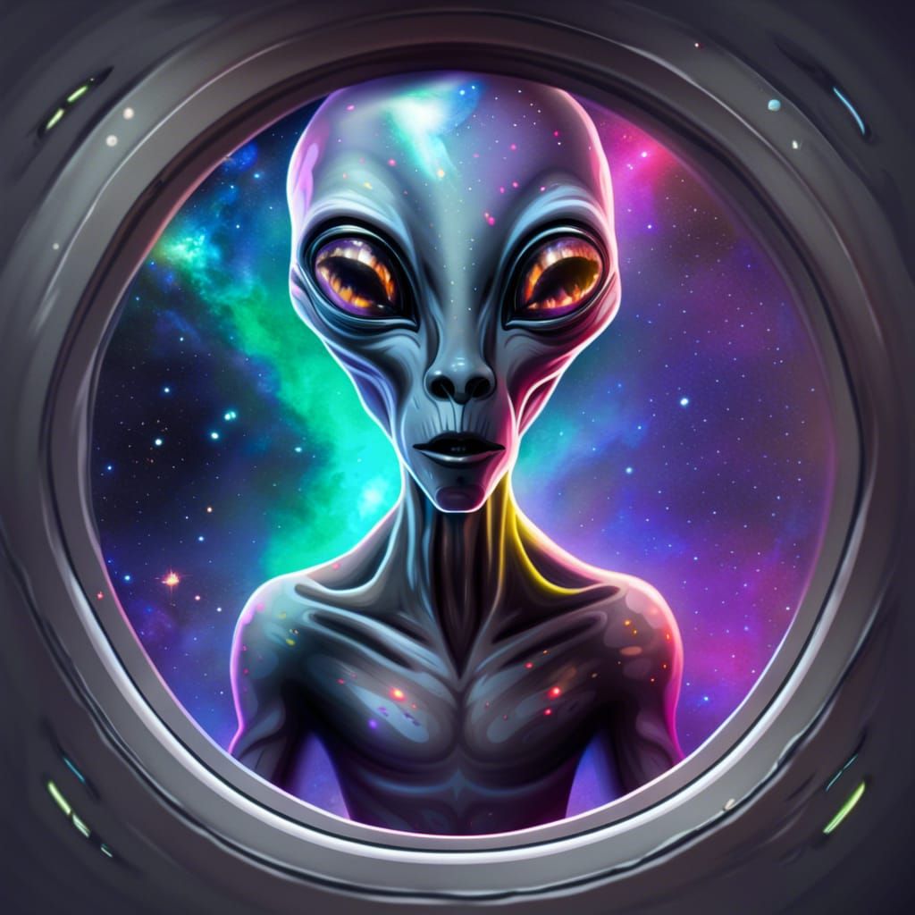 Grey Alien in UFO Gazing at Galaxy