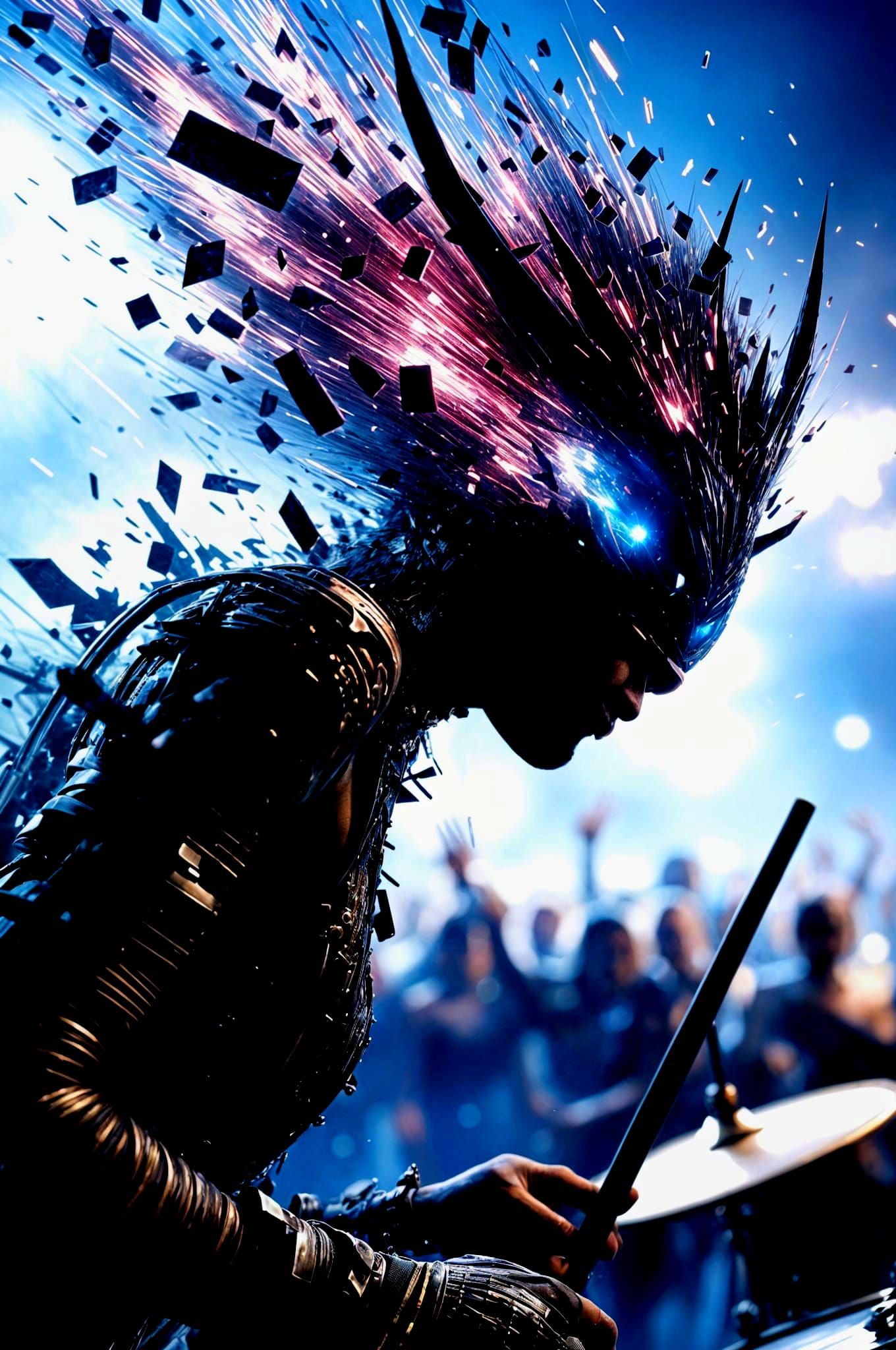 Intense Drummer Double Exposure in Avant-Garde Armor