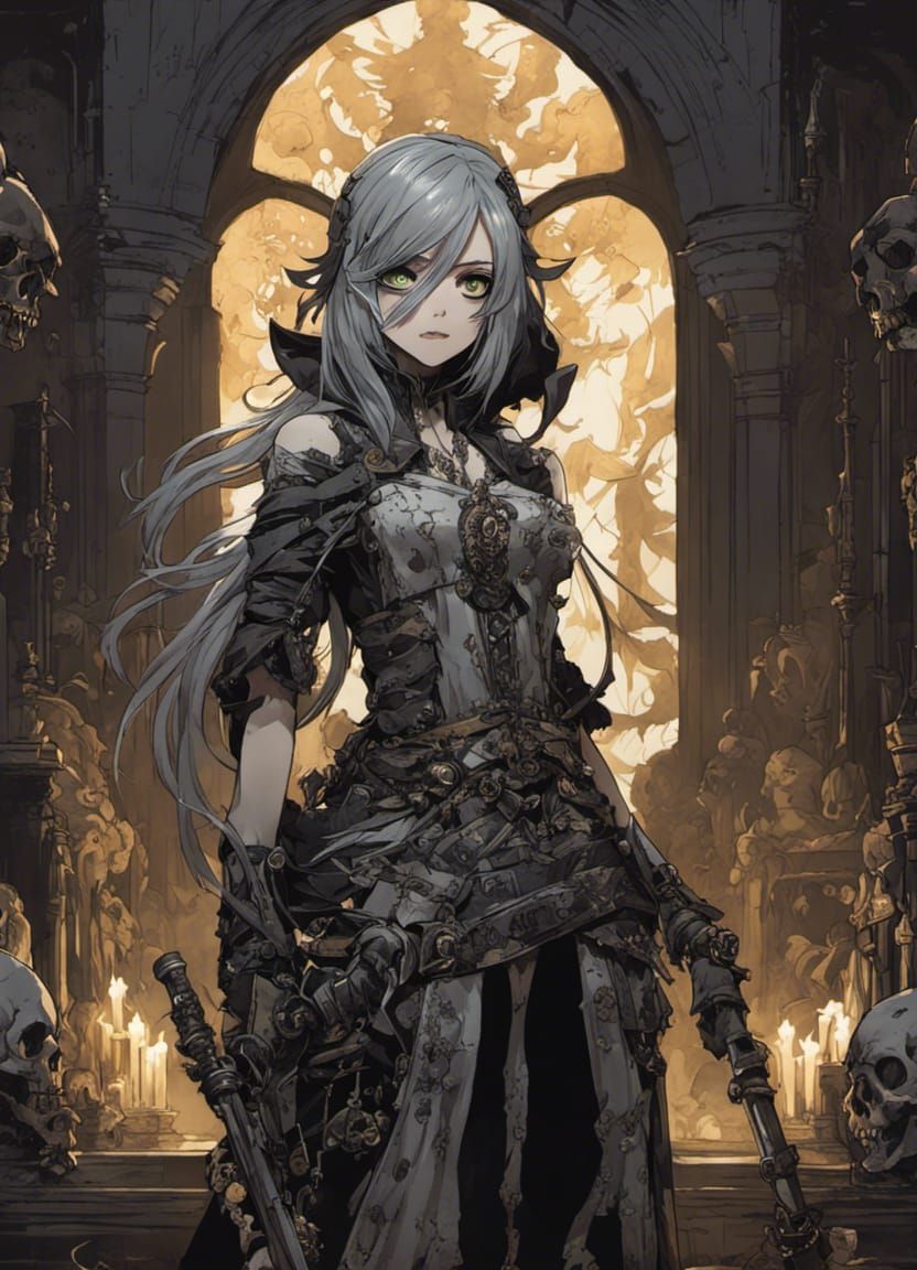 Anime Necromancer Girl with Skeletons, Darkest Dungeon Style
