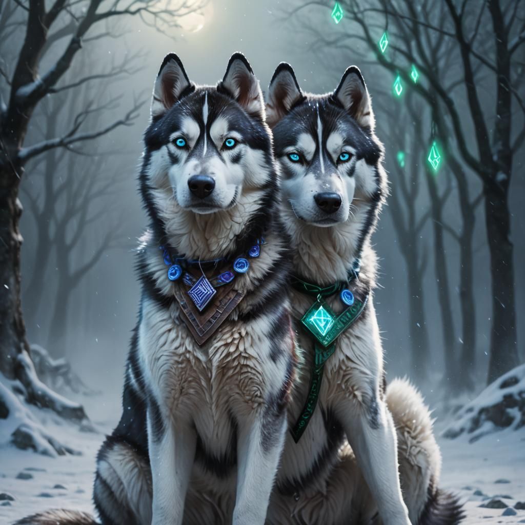 Glowing Runed Husky Portrait in Mythical Style
